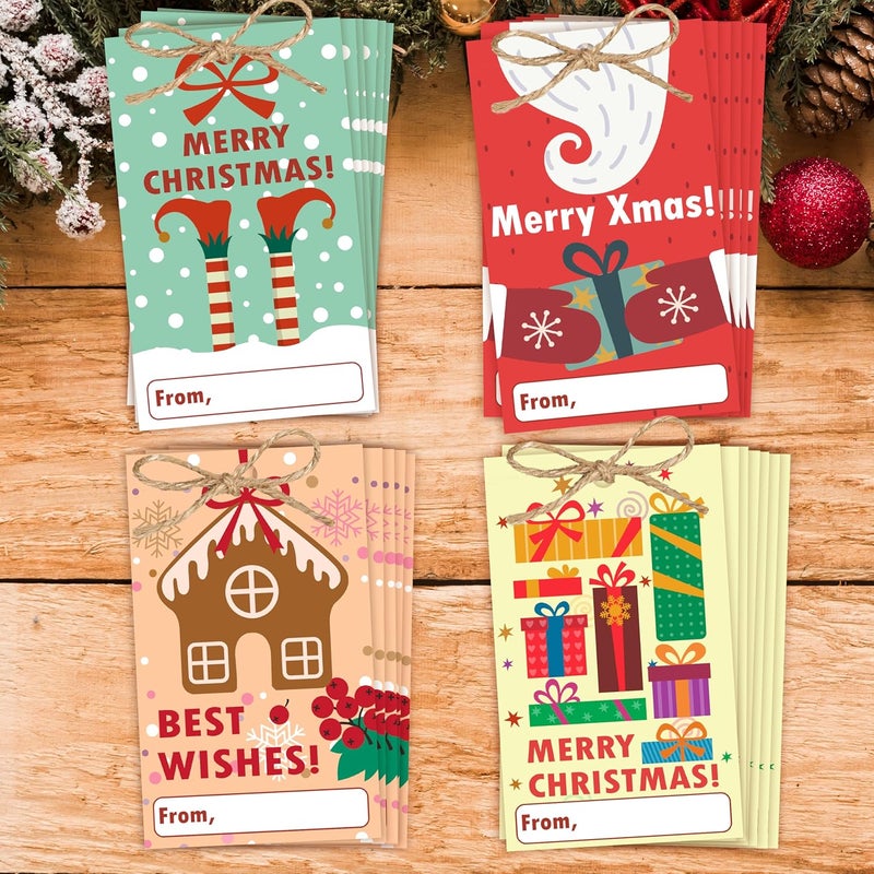 HandEasy 40 Pcs Christmas Gift Tags, 2.1"×3.5" Merry Xmas Paper Tags with String, Hanging Christmas Presents Label Wrapping for Party FavorDecorations, 4 Styles - A04 - Image 1